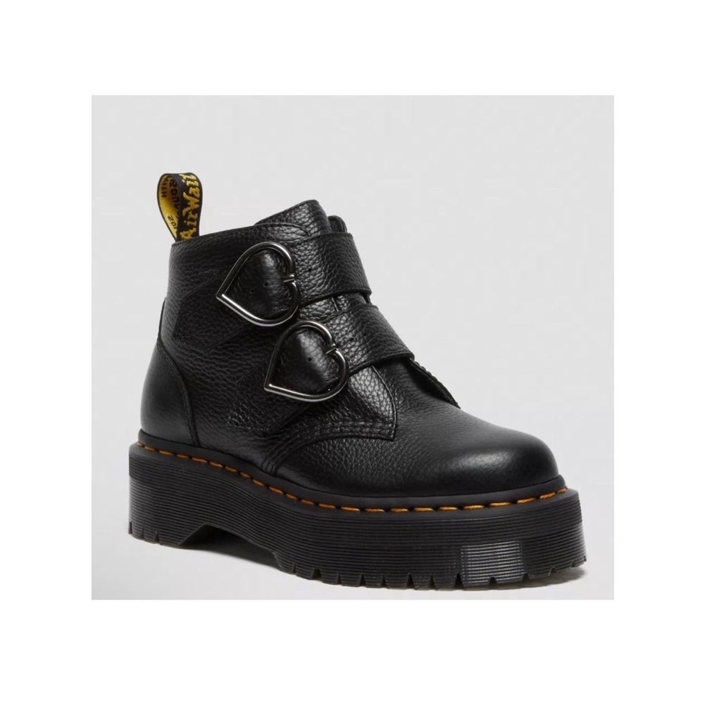 Doc Dr Martens Devon Heart Platform Boots Black Leather Double Buckle US 7 EU 38